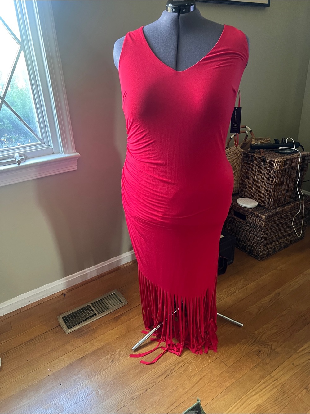 INC International Concepts Red V-Neck Fringe Maxi Dress
